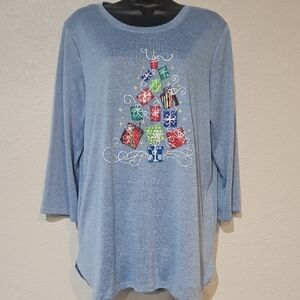 Clover+Pine Women's Festive Blue Embellished Tree Gift Design 3/4 Sleeves Top XL